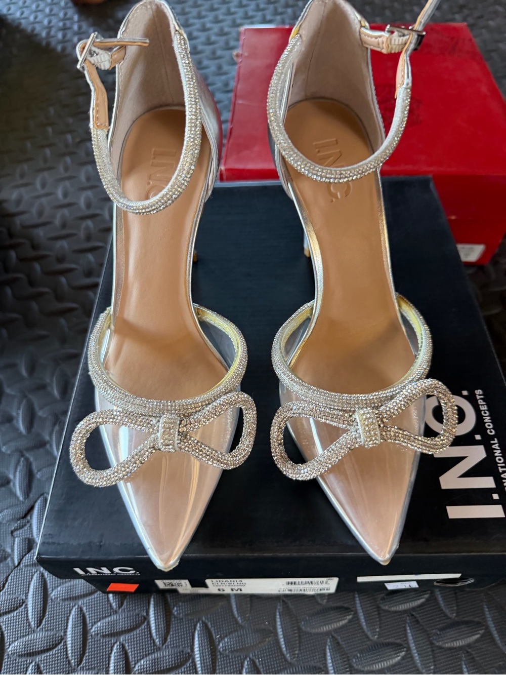 INC International Concepts Silver Pointed-Toe Rhinestone Bow Ankle-Strap Heels